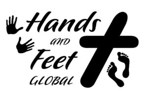 Hands and Feet Logo with handprints, footprints, and crucifix.